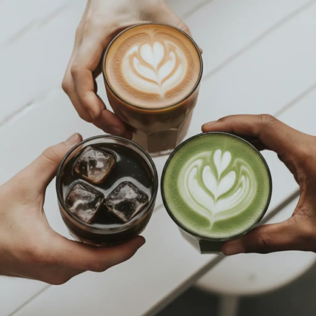 Three people toasting over a white wooden table with a cold brew, latte, and matcha latte.